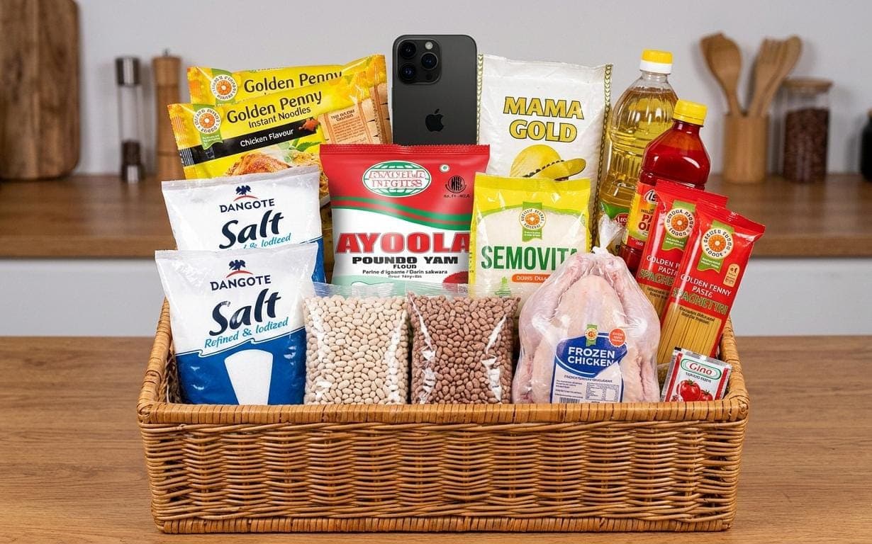 Mystery box basket with groceries and iPhone